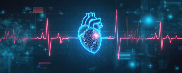 Digital illustration of a glowing human heart with electrocardiogram lines. Futuristic medical tech shows pulse data on screen. Vital signs charted for cardiology analysis.