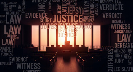 Justice, Law, and Evidence: Courtroom Word Cloud at Sunset
A dramatic, digitally-enhanced wide shot of an empty, dark courtroom with the judge's bench silhouetted against a brilliant sunset