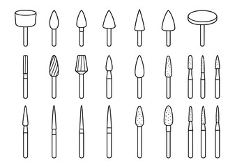 Outline icons of rotary burr tool bits on dark gradient background