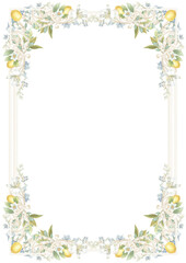 Fototapeta premium Watercolor frame with ornaments, lemon fruits, and green flowers, PNG wedding border, vintage style, hand painted art