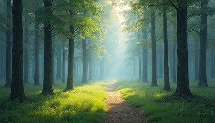 Obraz premium Image depicts forest with path leading through trees. Sunlight streams through mist creating peaceful vibe. Concept can be used for nature themes. Artistic painting style.