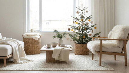 Naklejka premium Cozy Christmas Living Room Interior with Lit Fireplace, Decorated Tree, and Warm Lighting