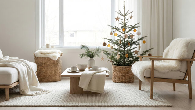 Cozy Christmas Living Room Interior with Lit Fireplace, Decorated Tree, and Warm Lighting - Powered by Adobe