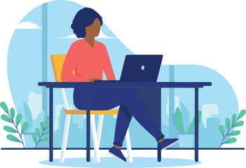 African American Black professional woman sitting with computer laptop working in flat design vector illustration with white background.
