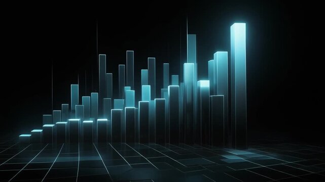 Abstract 3D Bar Graph with Glowing Blue and Teal Bars on a Dark Grid Floor chart data