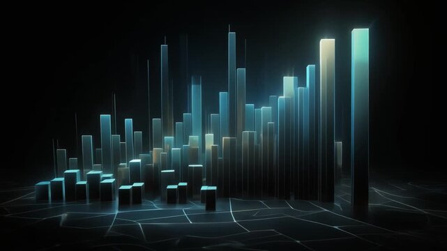 Futuristic 3D Bar Chart with Glowing Blue and Yellow Bars on a Dark Grid graph data