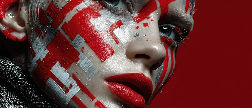 Vibrant Bold Makeup: Close-Up of Woman with Red and Silver Artistic Face Paint