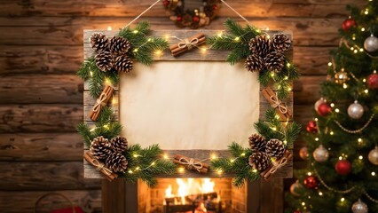 Rustic Christmas banner frame using natural wood, pine cones, cinnamon sticks, warm fairy lights, a clean area in the middle for text, cozy festive ambience