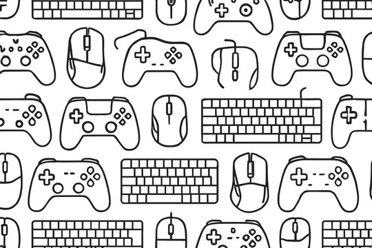 Seamless pattern of gaming controllers, keyboards and mice