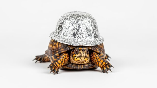 turtle wearing a tinfoil hat, paranoid, paranoia, on a white background, animal photo