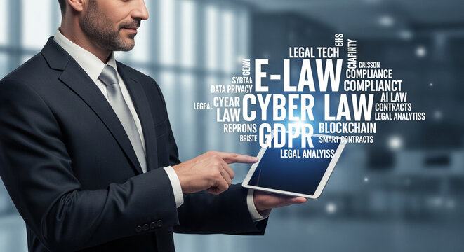 Businessman pointing at Cyber Law, E-Law and GDPR on tablet.
A professional businessman in a dark suit and tie is shown pointing with his index finger toward a floating word cloud emanating