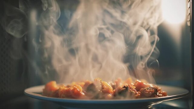A plate of food is steaming in a microwave. The steam is rising from the food, creating a warm and inviting atmosphere. The plate is white, and the food appears to be a mix of different ingredients