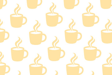Seamless coffee cup pattern with steam on warm orange background