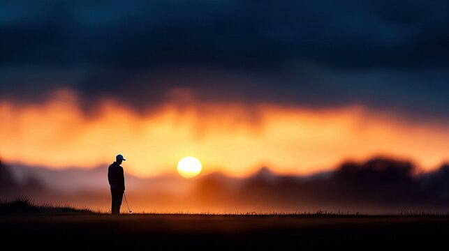 A silhouette of a golfer standing on a golf course at sunset. The sky is filled with vibrant orange and blue hues.