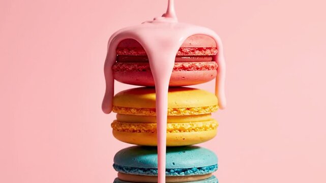 A slow zoom-in on a colorful tower of macarons with a thick glaze dripping down, showcasing a vibrant and delicious dessert in detail