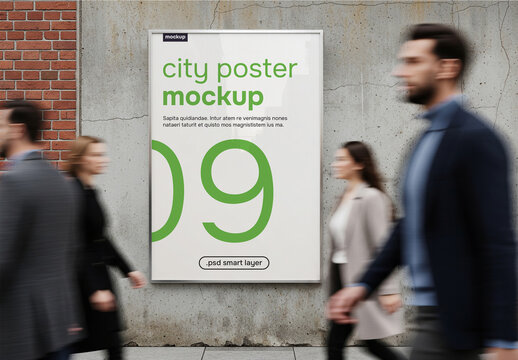 Wall poster mockup in a busy city street