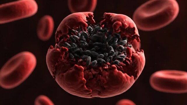 A 3D animation of Malaria parasites bursting from a red blood cell