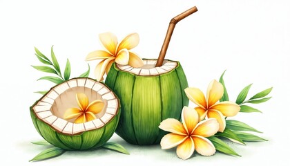 Naklejka premium Watercolor illustration of fresh green coconut with straw plumeria flowers. Tropical beverage concept for summer. Refreshing coco drink for vacation. Healthy natural food isolated on white background.