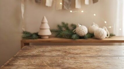 Vintage wooden table surface with minimalist Christmas scene behind, soft light, neutral background with gentle decorations, copy space layout