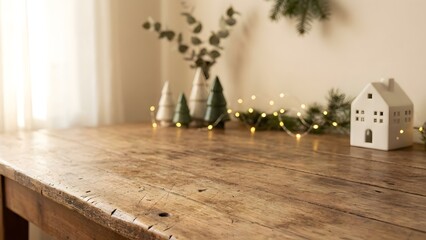 Vintage wooden table surface with minimalist Christmas scene behind, soft light, neutral background with gentle decorations, copy space layout