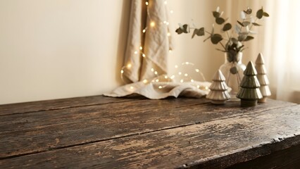 Vintage wooden table surface with minimalist Christmas scene behind, soft light, neutral background with gentle decorations, copy space layout
