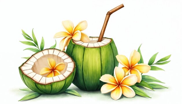 Watercolor illustration of fresh green coconut with straw plumeria flowers. Tropical beverage concept for summer. Refreshing coco drink for vacation. Healthy natural food isolated on white background.