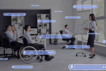 Asian businesswoman giving presentation to her colleagues during meeting in office. Green energy concept