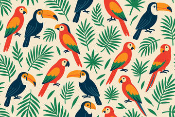 Naklejka premium Seamless pattern with toucans, parrots, and jungle leaves