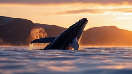 A humpback whale breaches the water during sunset, with mountains in the background. The whale is silhouetted against the golden light.
