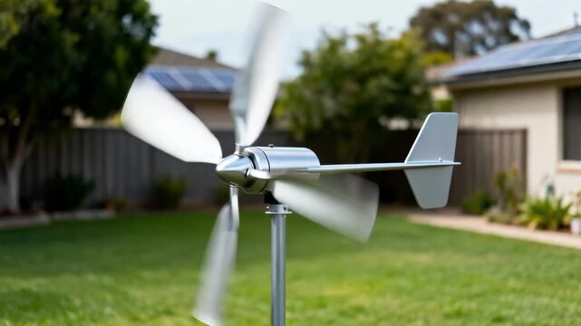 Medium shot capturing the sleek blades of a horizontal axis wind turbine in a backyard highlighting efficient harnessing of wind for home energy needs.