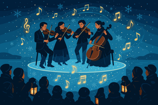 Winter night orchestra performance with string quartet and glowing notes