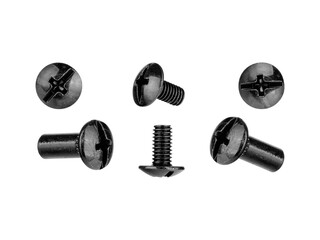 Set of black Phillips screws isolated on white. Ideal for hardware catalogs, engineering materials,...