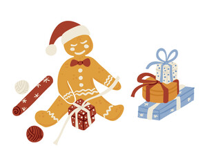 Gingerbread character wrapping gifts with ribbons and festive paper in a cheerful holiday style. The concept expresses christmas preparation, joy and cozy seasonal activities