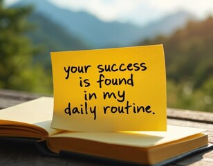 Naklejka premium Motivational quote about success on yellow note. The text states success is found in daily routine. The photo features open book outdoors with nature background.