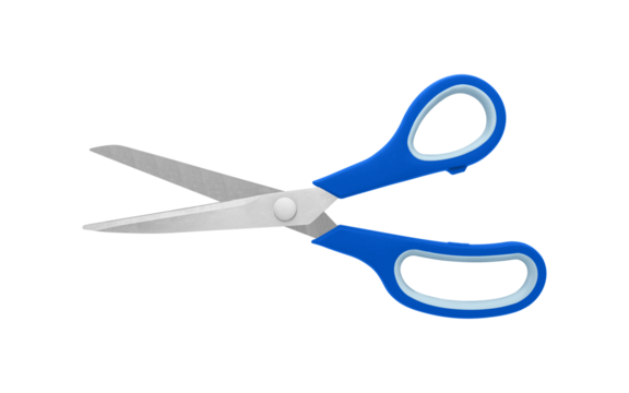 A pair of blue handled scissors in half-open position on a white background, displaying stainless steel blades and ergonomic handles. Suitable for precision cutting in office or craft, isolated image.