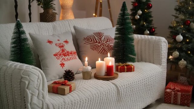 Cozy Christmas living room with decorative trees, candles, gifts, and festive pillows 