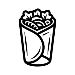 A bold black and white vector illustration of a vertically oriented burrito or wrap filled with meat beans rice and lettuce. The food is wrapped tightly in a tortilla.
