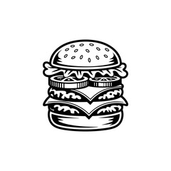 A simple black and white vector icon of a tall stacked double or triple cheeseburger with layers of bun lettuce cheese patties and vegetables. The style is bold and retro.