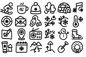 Winter activity and holiday icon set in bold outline style