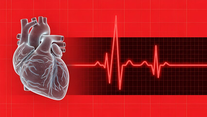 Wireframe human heart with red electrocardiogram line on grid background anatomy medical