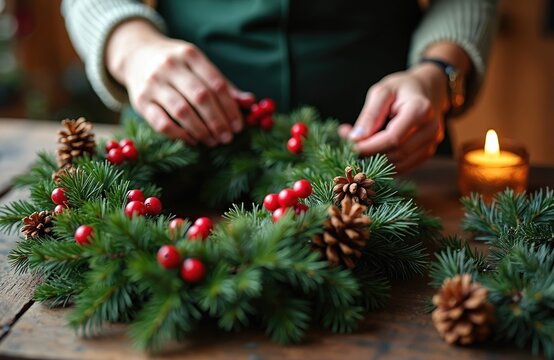 Person making Xmas wreath of fir branches at workshop. Woman decorates chaplet using pine cones and red berries on table. Candle burns in background creating cozy mood.