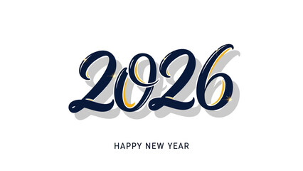 Happy New Year 2026 lettering in elegant dark blue and gold script. Festive holiday typography for a greeting card or banner design