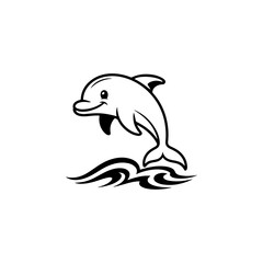 A simple black and white vector drawing of a cute friendly smiling dolphin jumping out of the water over tribal styled waves. The style is bold and linear.