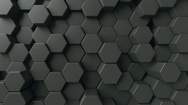 A dark grey abstract background featuring a pattern of raised and recessed hexagonal shapes creating a modern 3D geometric texture.