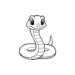 A simple black and white vector drawing of a cute happy friendly coiled cartoon snake mascot with large eyes and tongue flicking out. The style is childlike and minimalist.
