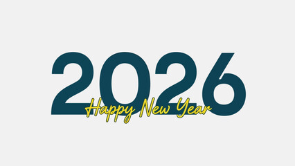 Minimalist Happy New Year 2026 greeting card design with modern typography. Elegant teal numbers and golden cursive script for holiday celebration banners