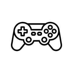A simple black and white vector icon of a video game controller or gamepad featuring a D-pad and action buttons. The design is minimalist and represents gaming or esports.