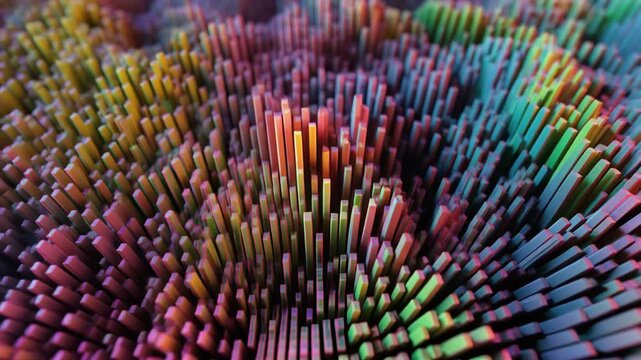 Vibrant abstract landscape of colorful rectangular blocks forming an undulating textured surface with a rainbow gradient.