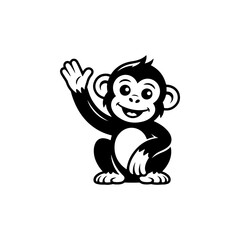 A simple black and white vector drawing of a cute happy friendly monkey or chimpanzee mascot with large eyes waving its hand. The style is childlike and minimalist.