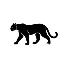 A bold black vector silhouette of a prowling or walking black panther cougar or mountain lion. The design is simple and dynamic representing speed power and wild nature.